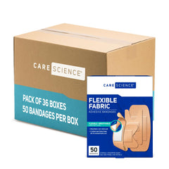 Care Science fabric-bandages with assorted sizes offer flexible protection for minor wounds.