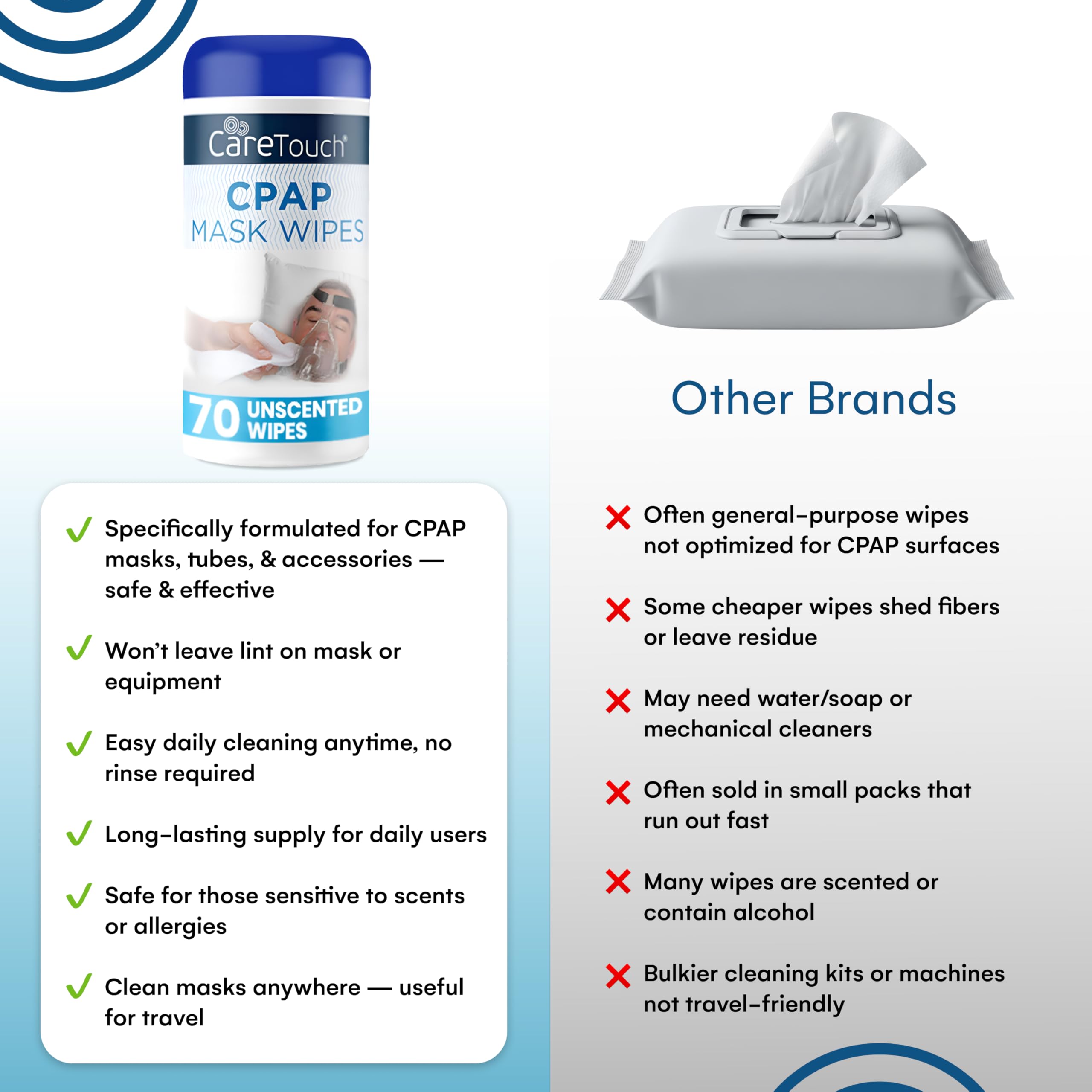 Care Touch CPAP Wipes being used to clean CPAP mask