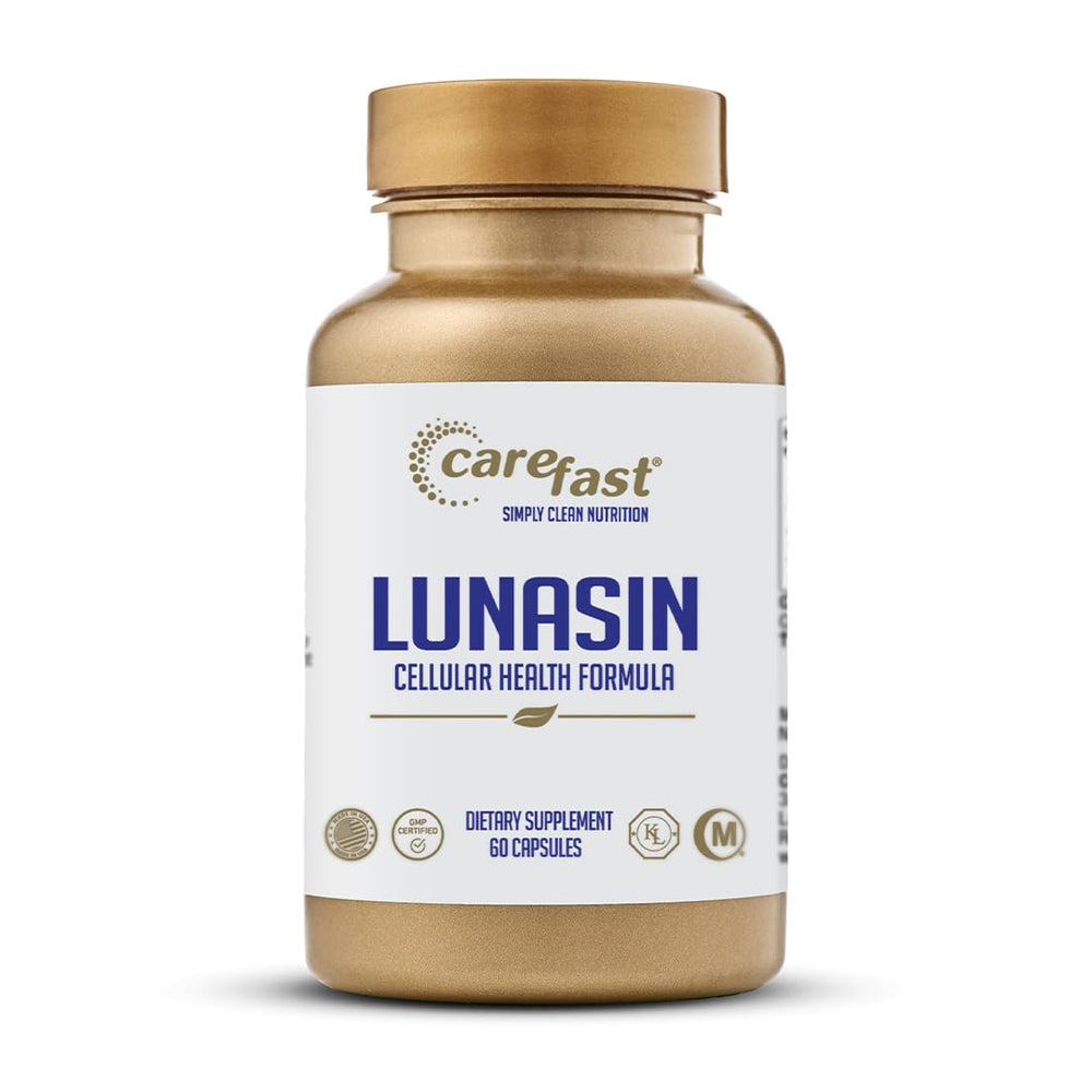 Carefast Lunasin bottle-front showcasing capsules for potential cellular health support.