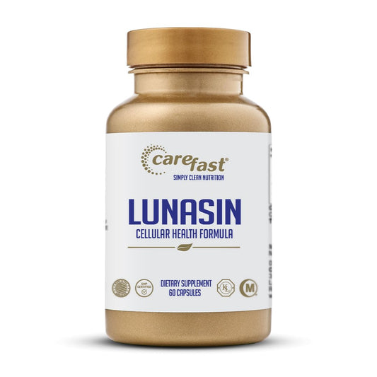 Carefast Lunasin bottle-front showcasing capsules for potential cellular health support.