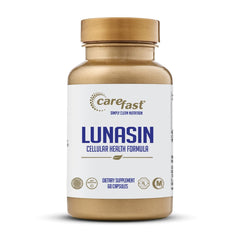 Carefast Lunasin bottle-front showcasing capsules for potential cellular health support.
