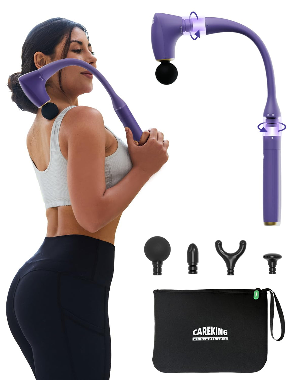CAREKING 2-in-1 detachable massage gun with 20-inch handle for easy back access.