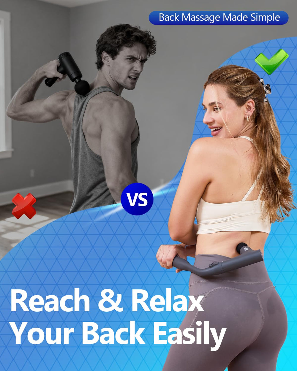 CareKing massage gun extended handle demonstrates back and long-range massage capability.