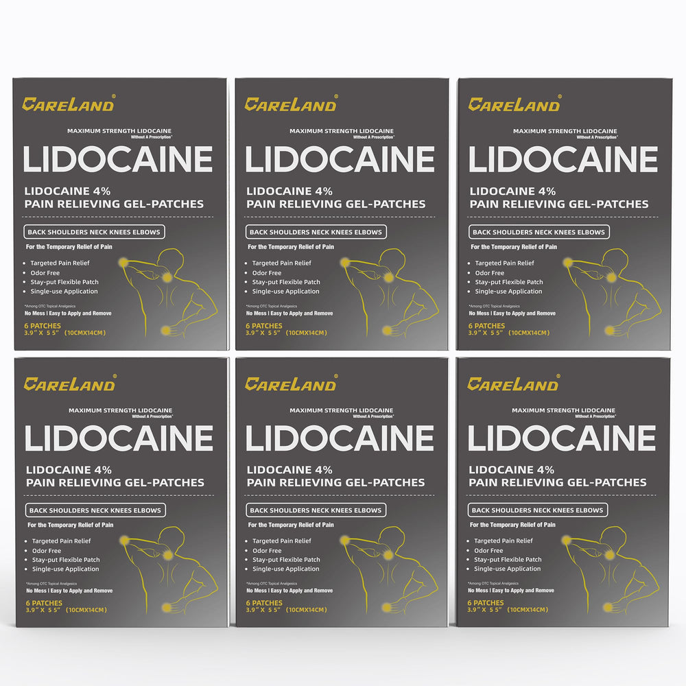 Careland 4% lidocaine patch packaging shows bulk value for discreet, long-lasting pain relief.