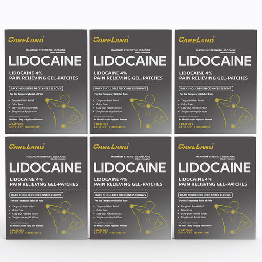 Careland 4% lidocaine patch packaging shows bulk value for discreet, long-lasting pain relief.