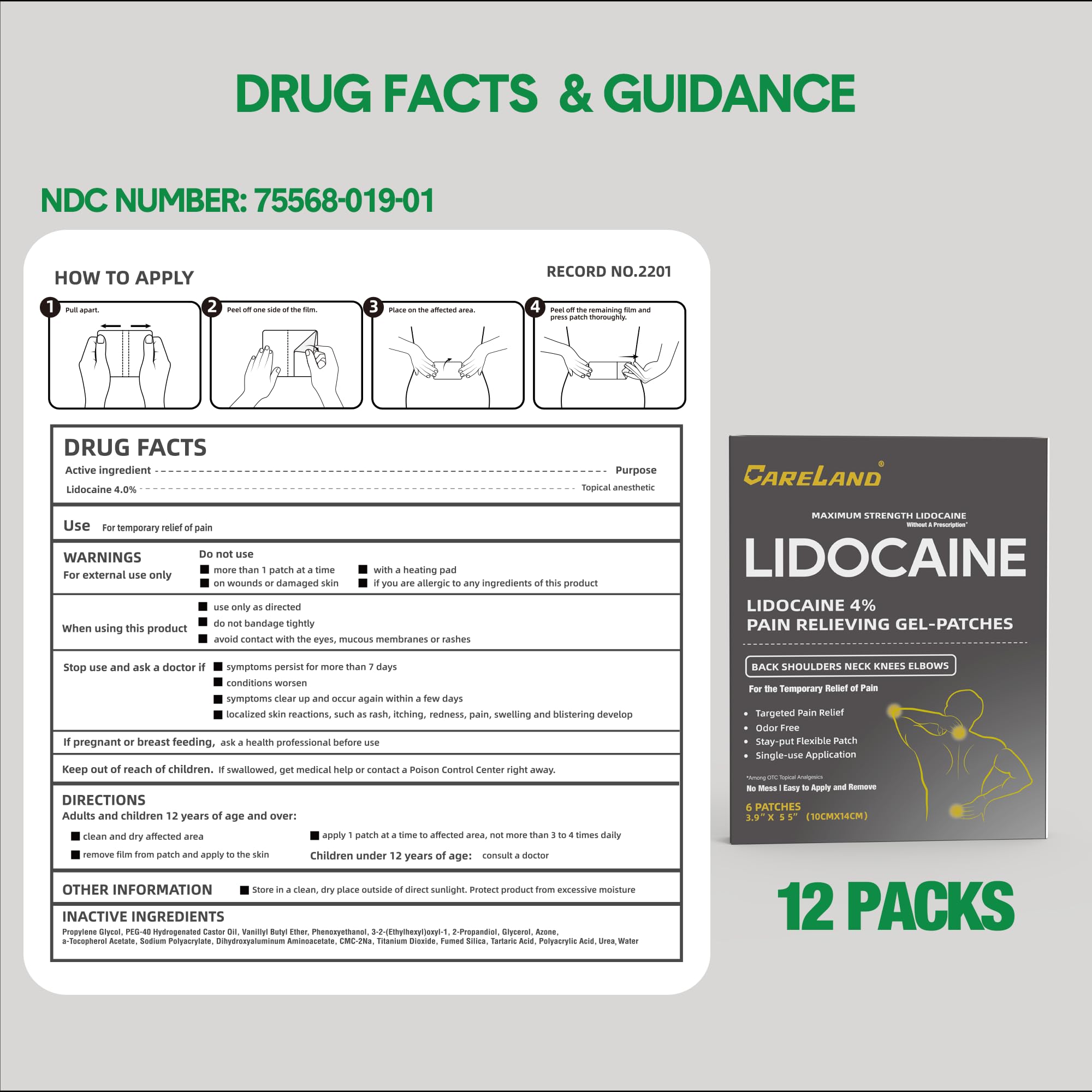 CARELAND lidocaine patch on back area for flexible everyday comfort.