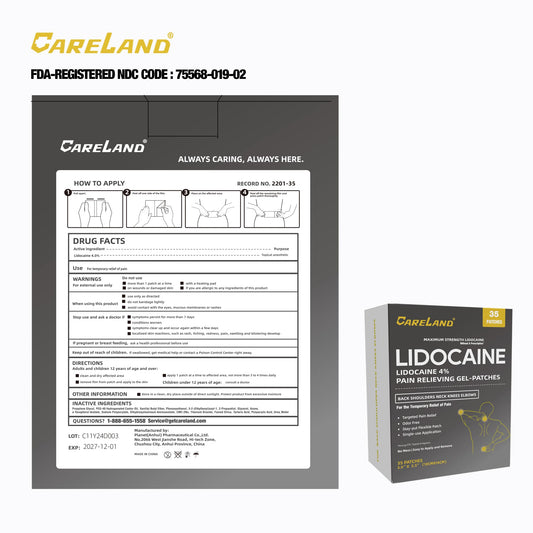 Careland lidocaine patch on back for fast-acting soothing relief during daily activities.