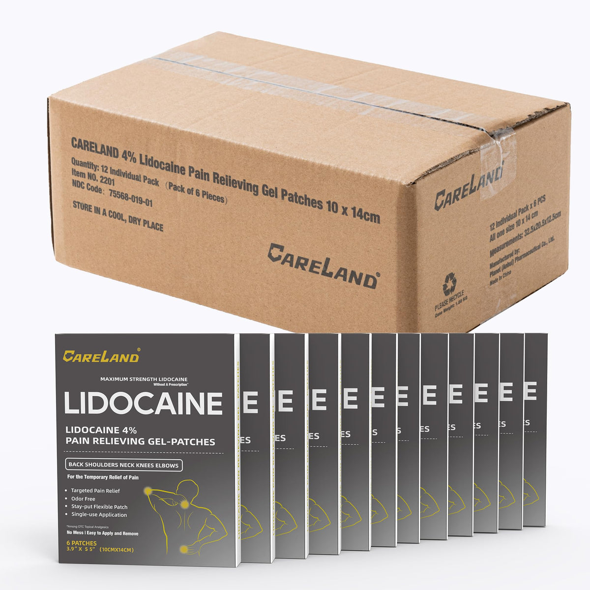 CARELAND lidocaine patch on neck for targeted, fast-acting relief.