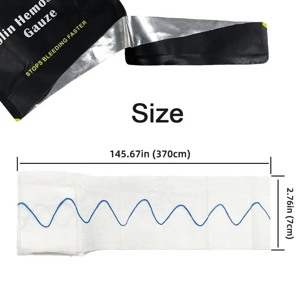Caretac kaolin-infused gauze provides generous coverage for field wound packing.