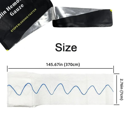 Caretac kaolin-infused gauze provides generous coverage for field wound packing.