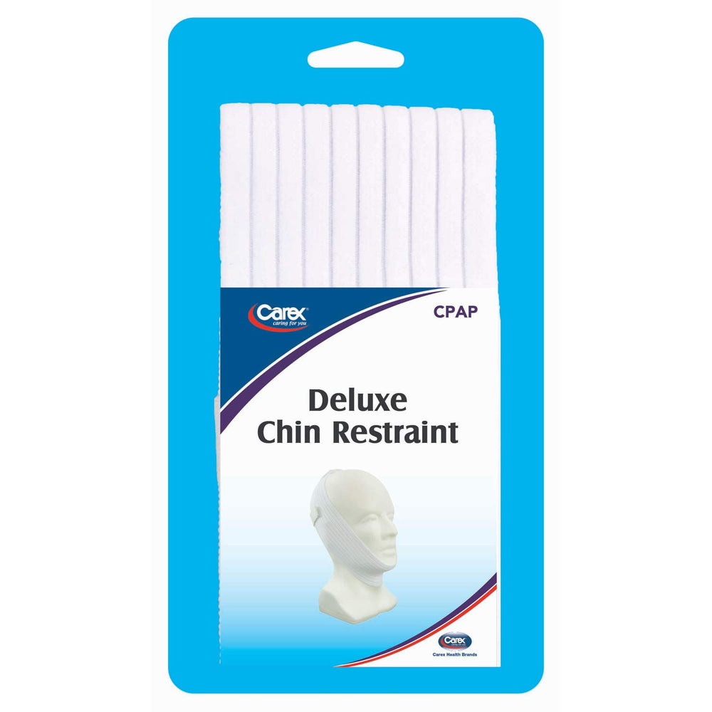 Carex CPAP chin strap worn with CPAP mask for potential nighttime comfort.