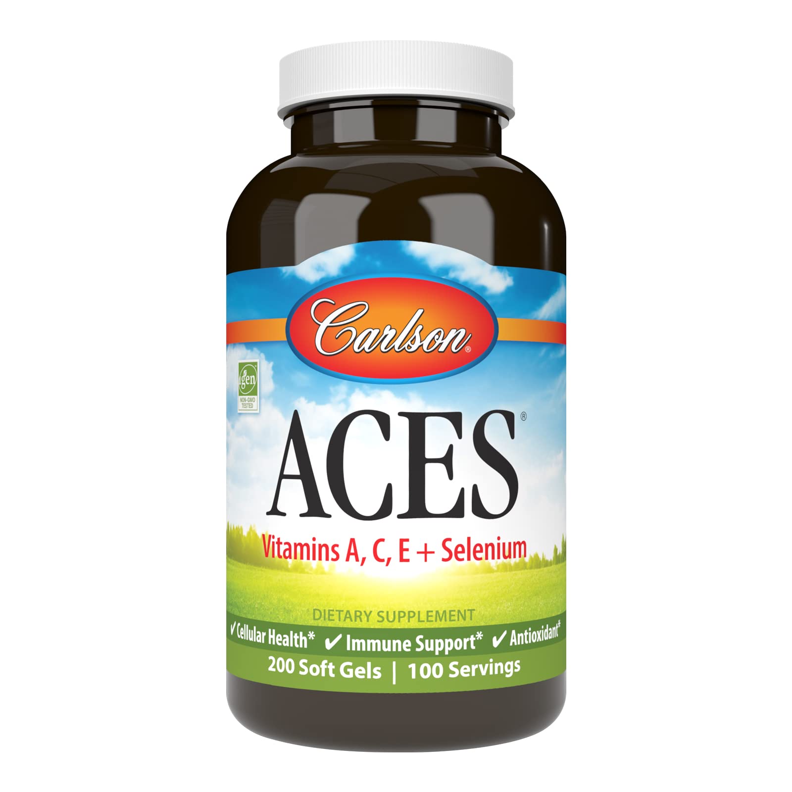 Carlson ACES bottle front view highlighting antioxidant and immune support formula.