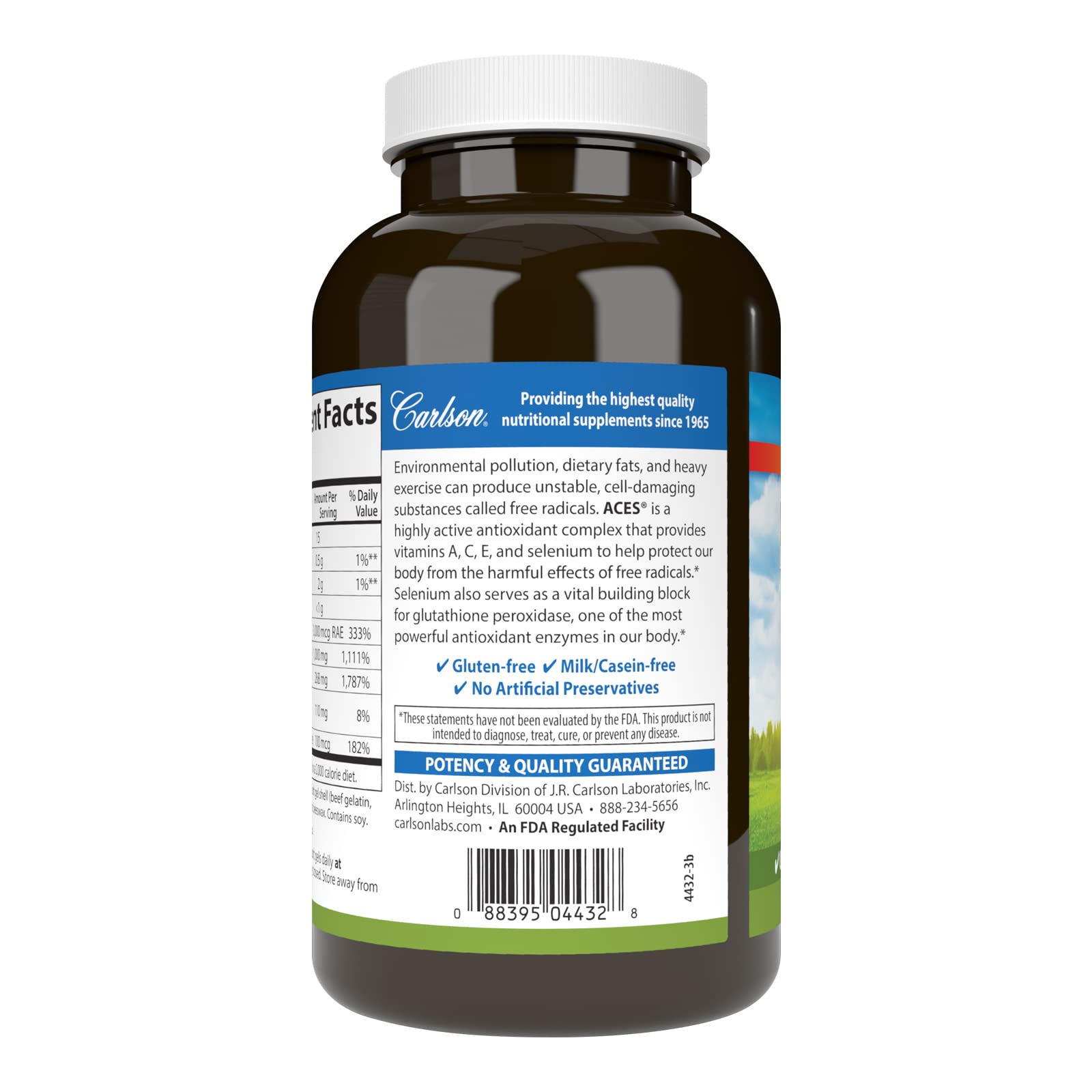Carlson ACES bottle label reveals vitamins A, C, E and selenium for antioxidant potential.