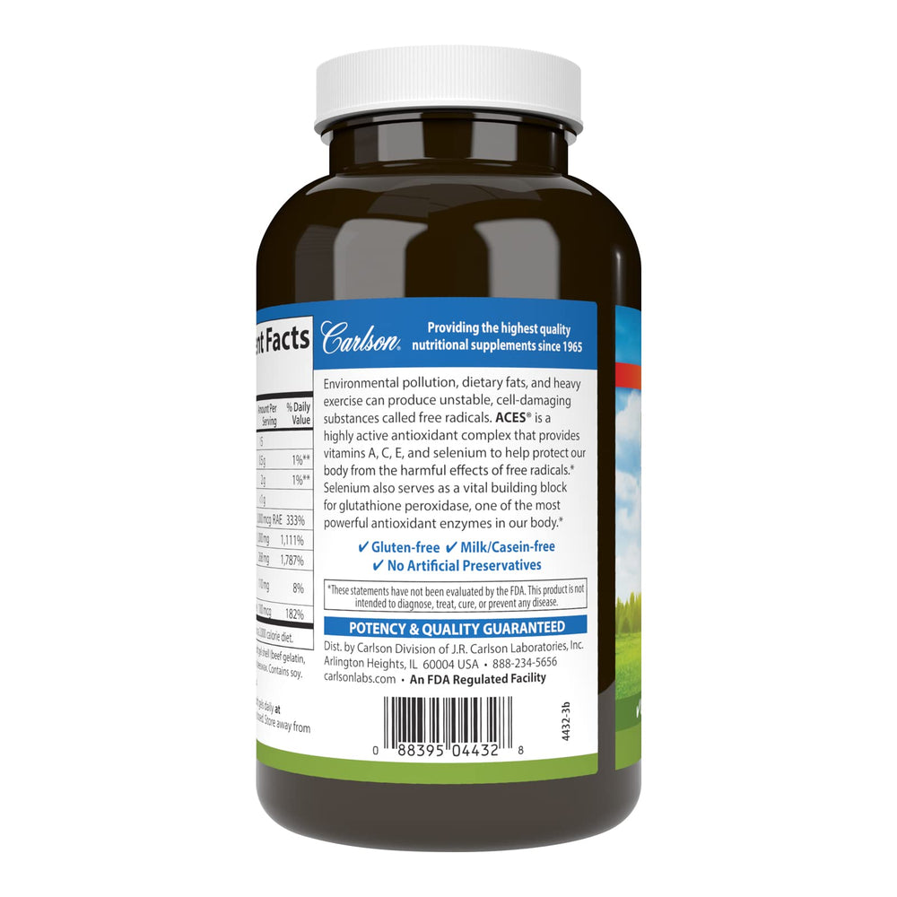 Carlson ACES bottle label reveals vitamins A, C, E and selenium for antioxidant potential.
