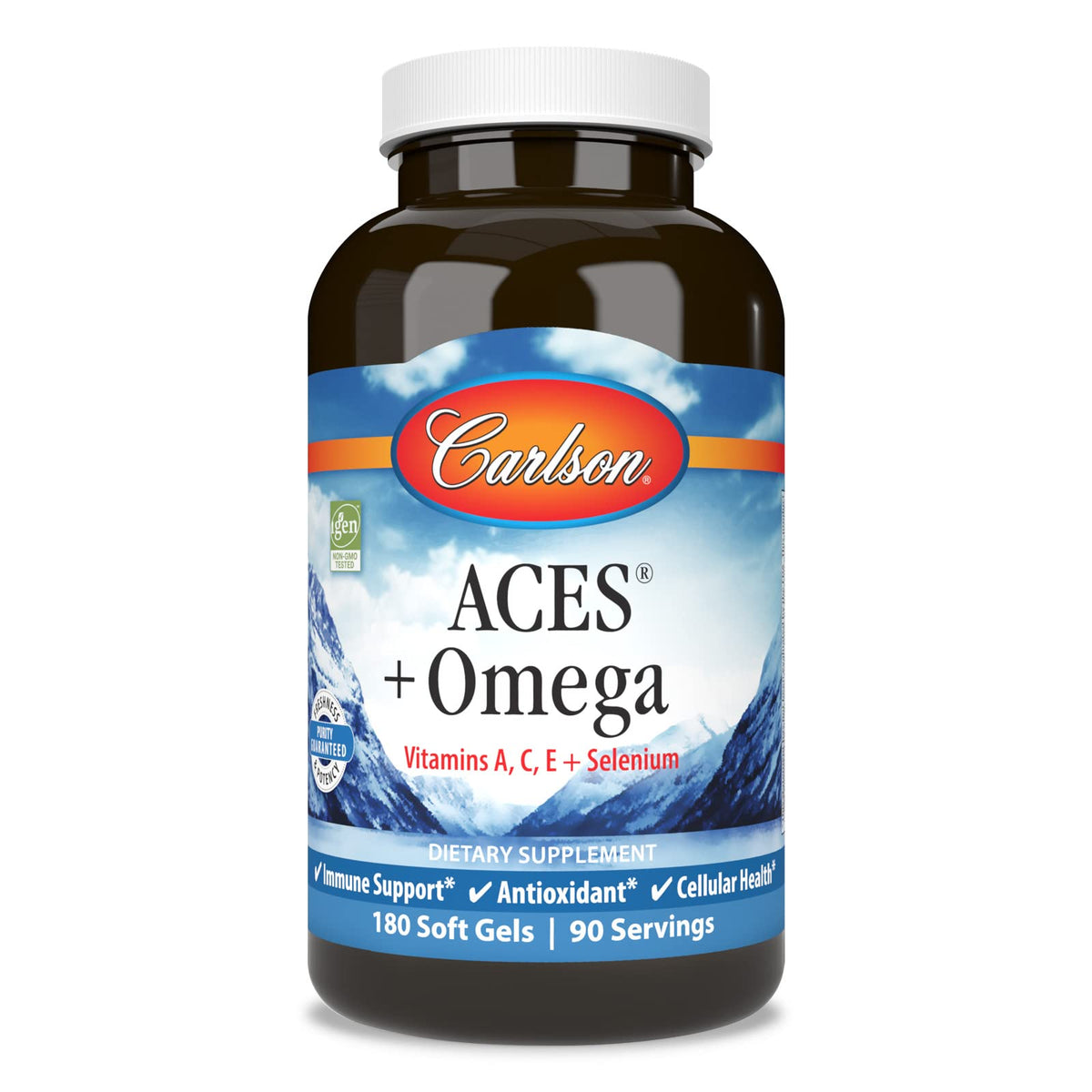 Carlson ACES + Omega softgels bottle for daily wellness support.