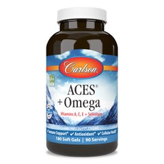 Carlson ACES + Omega softgels bottle for daily wellness support.