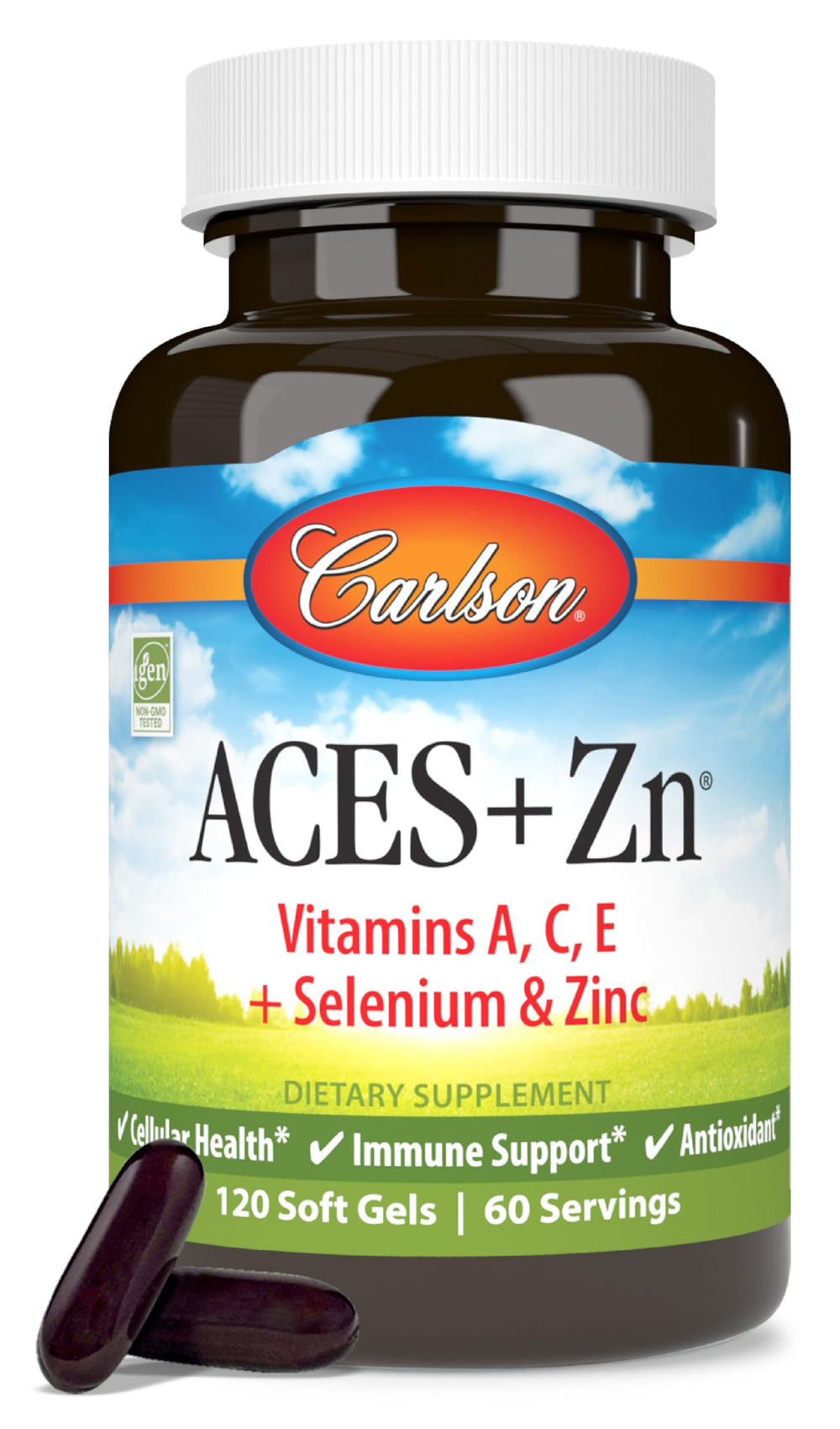 Carlson ACES + Zn softgels bottle showing the all-in-one immune support blend