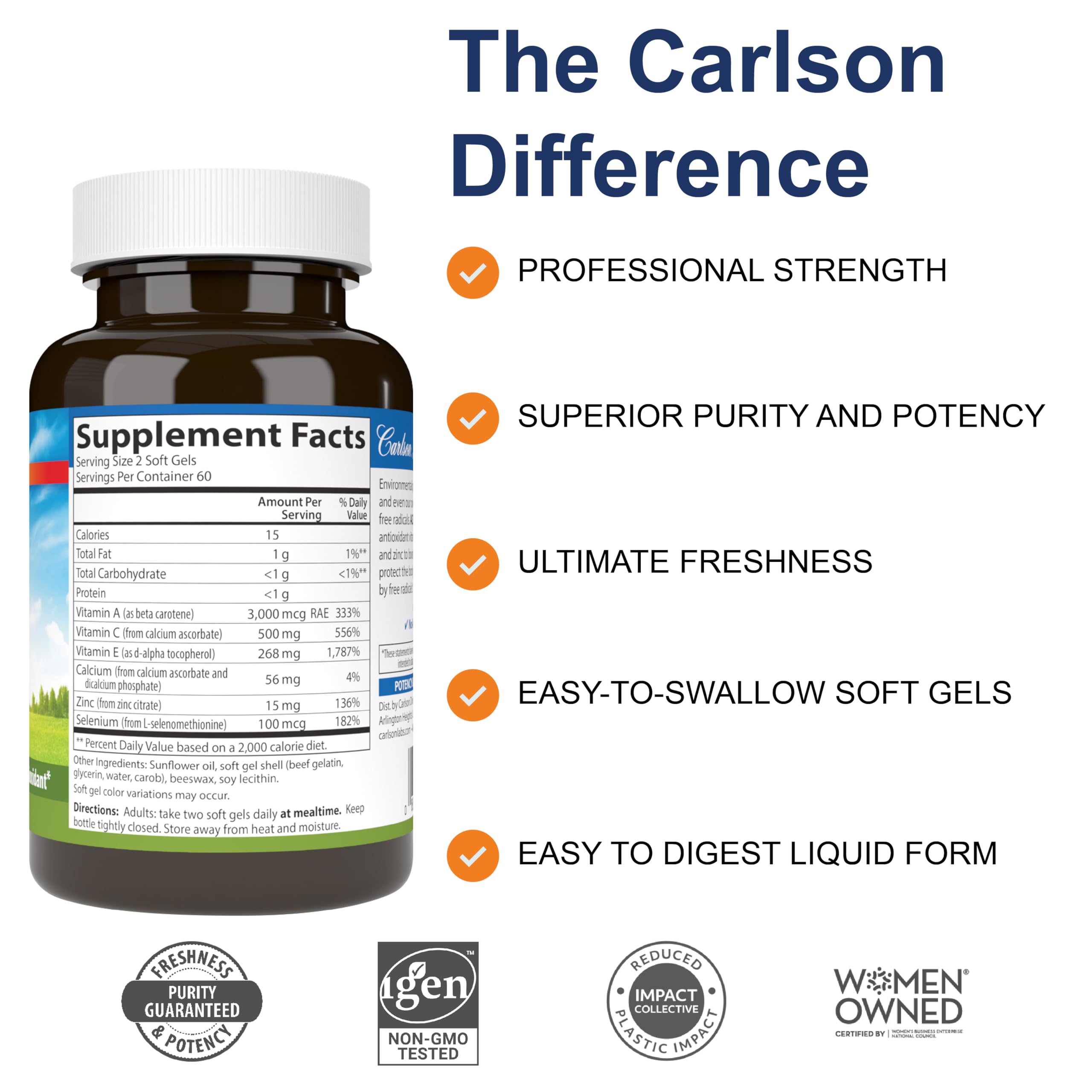 Carlson ACES + Zn softgels label front highlighting vitamins and minerals