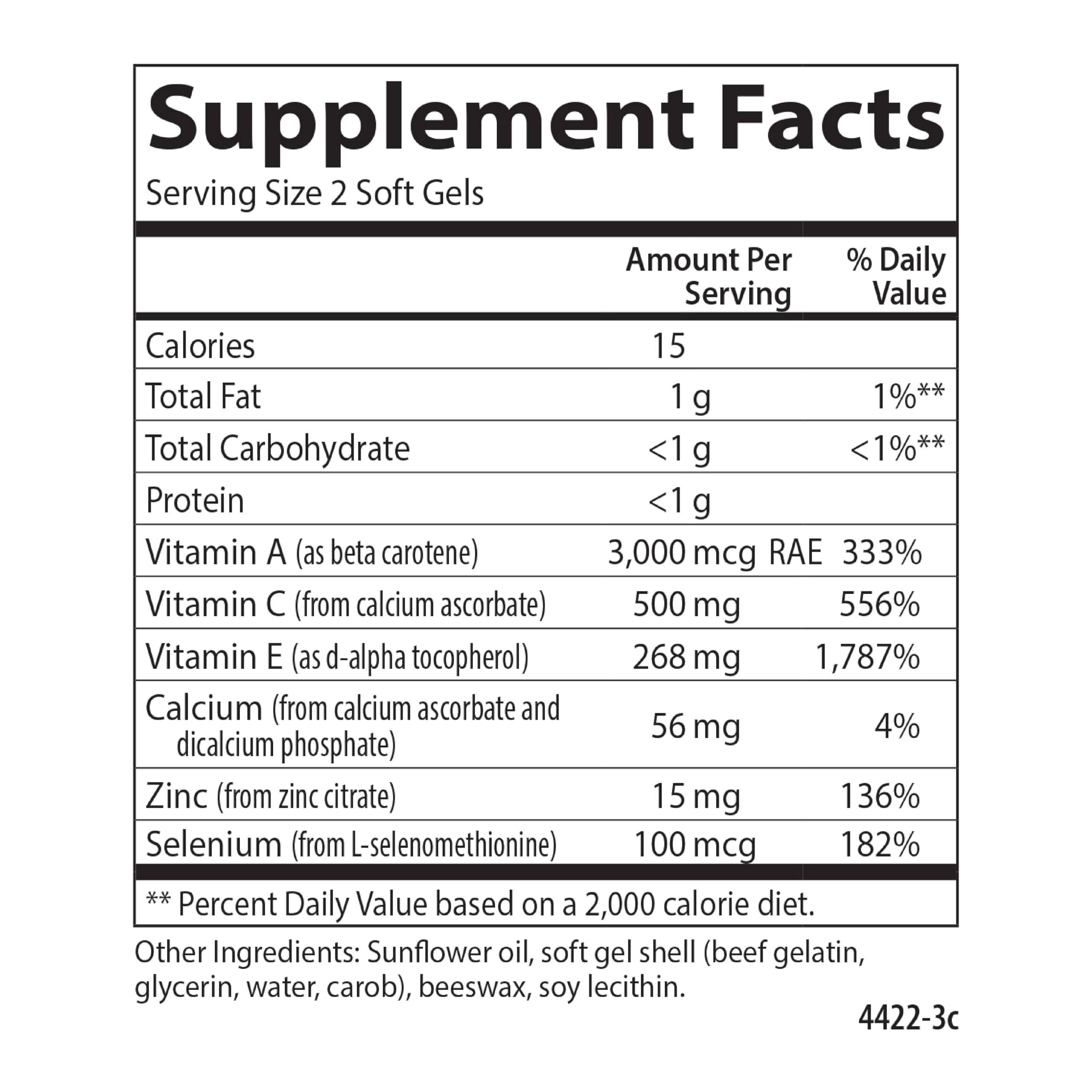 Carlson ACES + Zn softgels nutrition facts panel for informed supplement choices