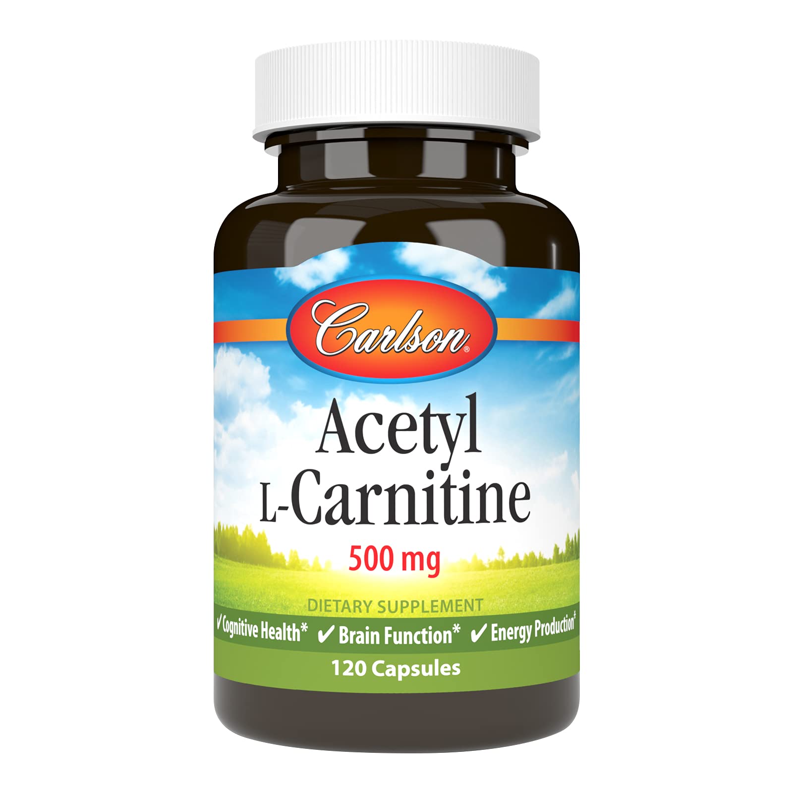 Carlson Acetyl L-Carnitine 500 mg bottle with easy-to-swallow capsules for daily focus.
