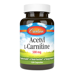 Carlson Acetyl L-Carnitine 500 mg bottle with easy-to-swallow capsules for daily focus.