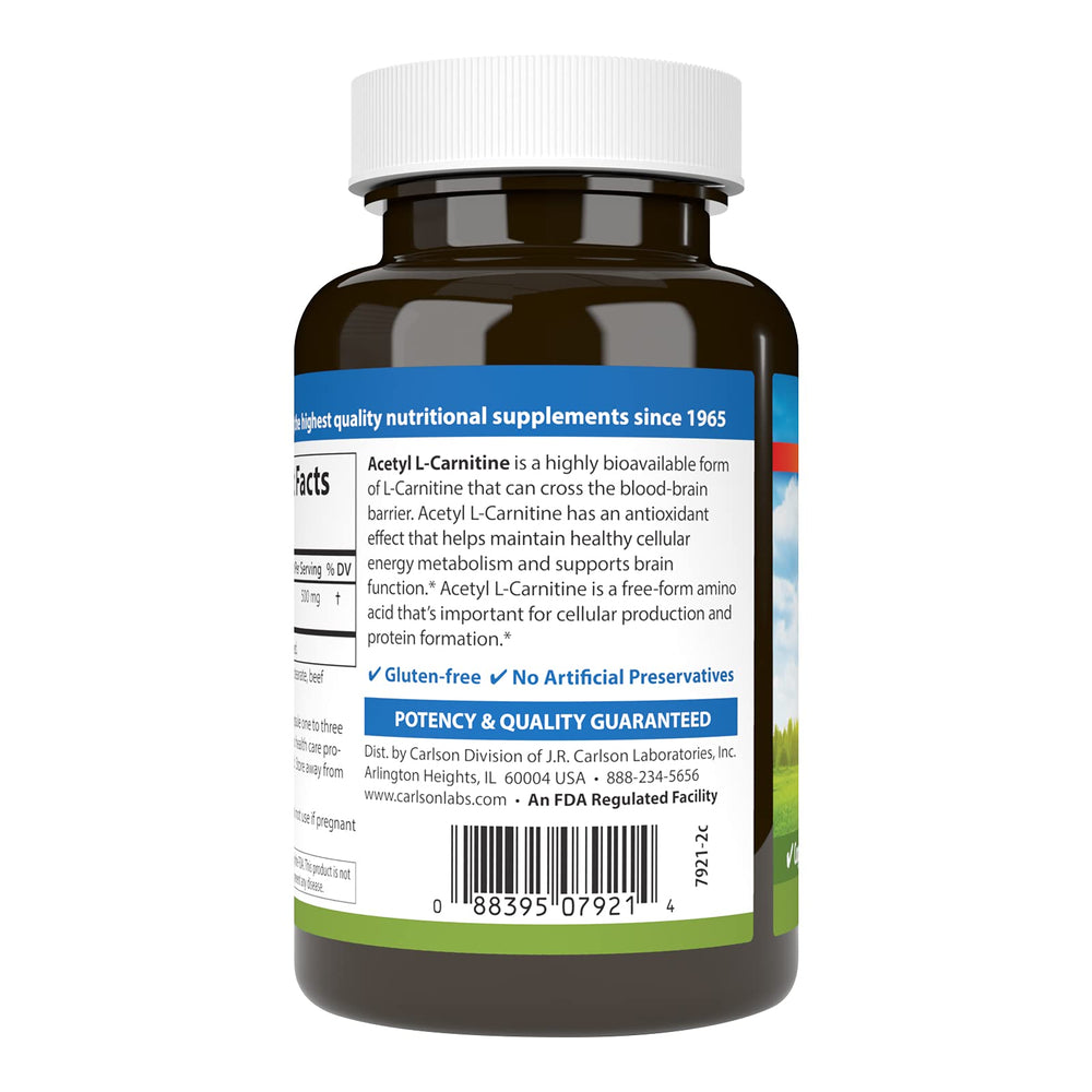 Carlson Acetyl L-Carnitine capsules closeup label, emphasizing potency and quality.