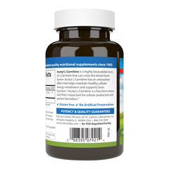 Carlson Acetyl L-Carnitine capsules closeup label, emphasizing potency and quality.