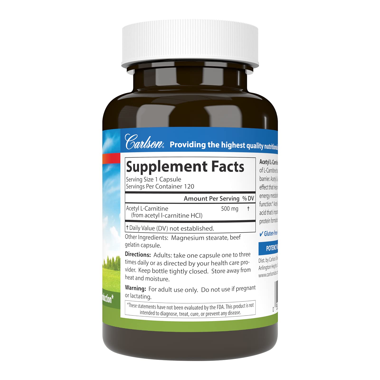 Carlson Acetyl L-Carnitine capsules pouring, highlighting smooth texture and on-the-go use.