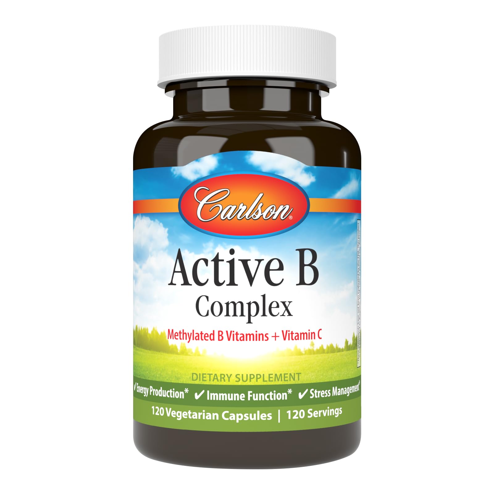 Carlson Active B Complex bottle front for daily energy support and immune function.
