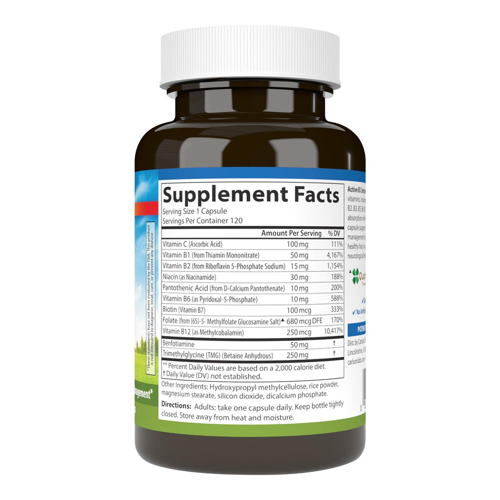 Carlson Active B Complex capsules closeup showing easy-to-swallow methylated B vitamins for steady energy.