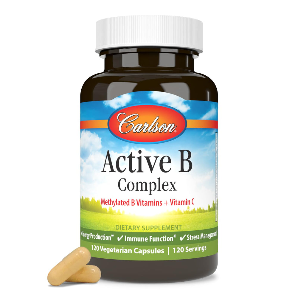 Carlson Active B Complex packaging open illustrating convenient daily immune support.