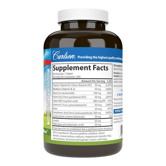 Carlson B Compleet 50 bottle back: ingredient highlights and potency