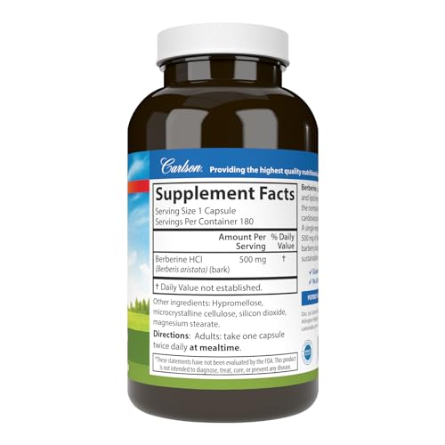 Carlson Berberine capsules close-up highlights 500 mg potency