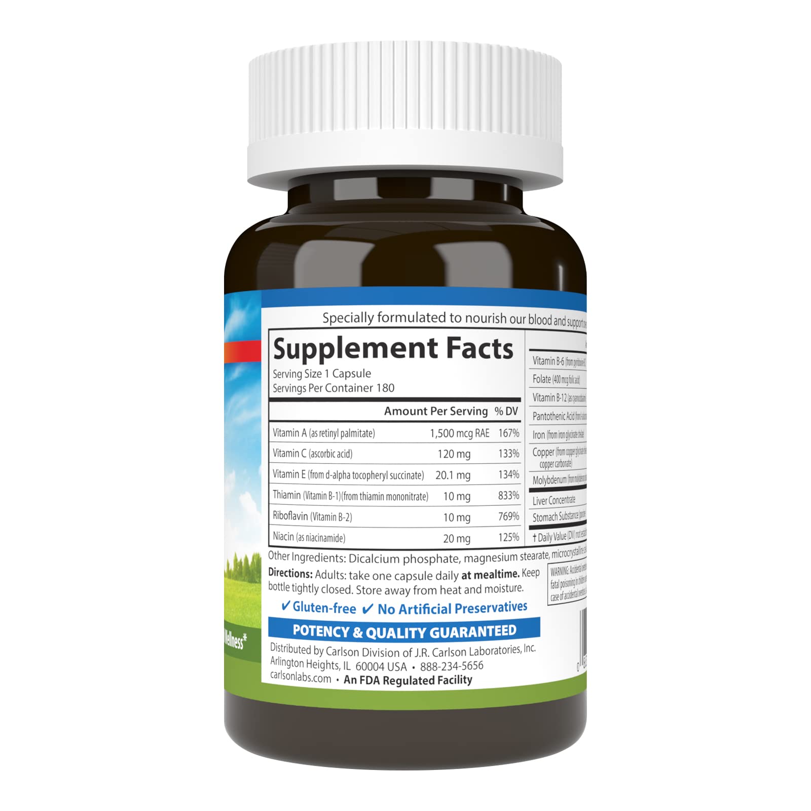 Carlson Blood Nutrients capsules ready for daily use and iron support