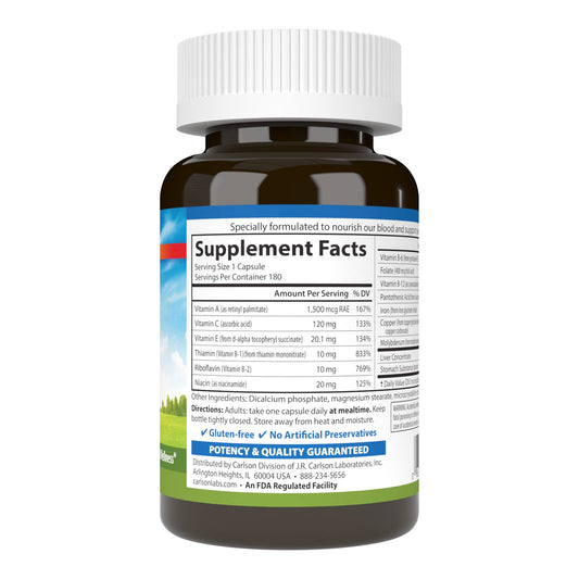 Carlson Blood Nutrients capsules ready for daily use and iron support