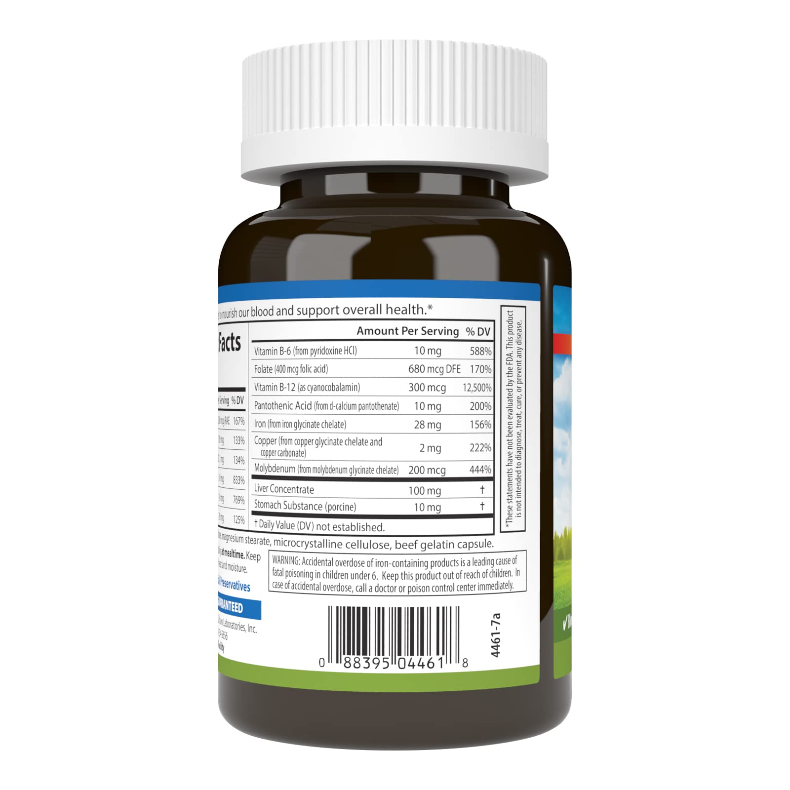 Carlson Blood Nutrients label highlighting iron content and blend