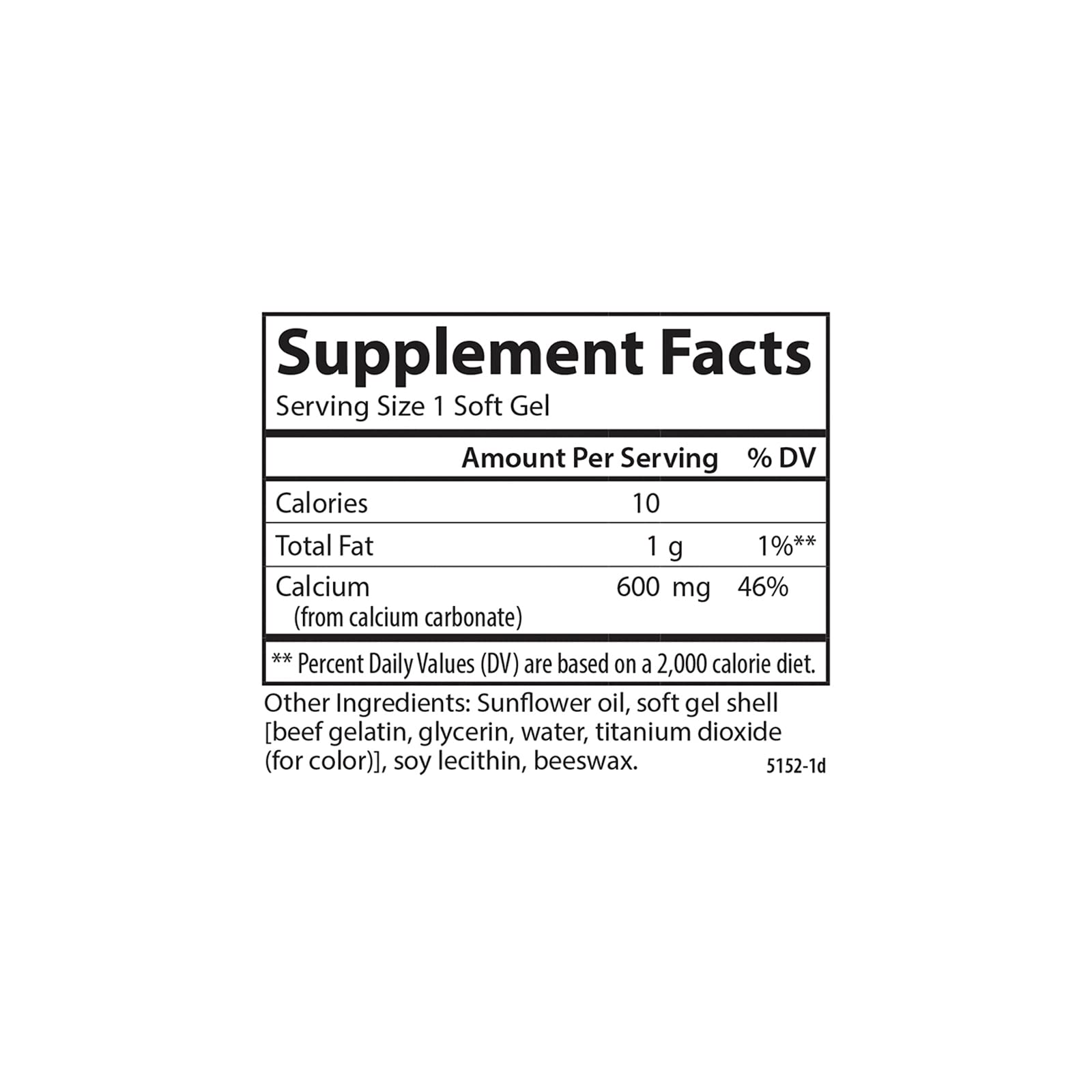 Carlson Cal-600 softgel bottle back with dosage and daily use information