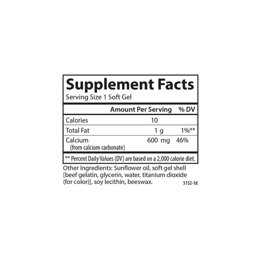 Carlson Cal-600 softgel bottle back with dosage and daily use information