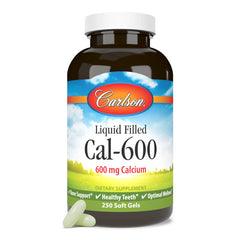 Carlson Cal-600 softgel bottle front shows calcium for bones