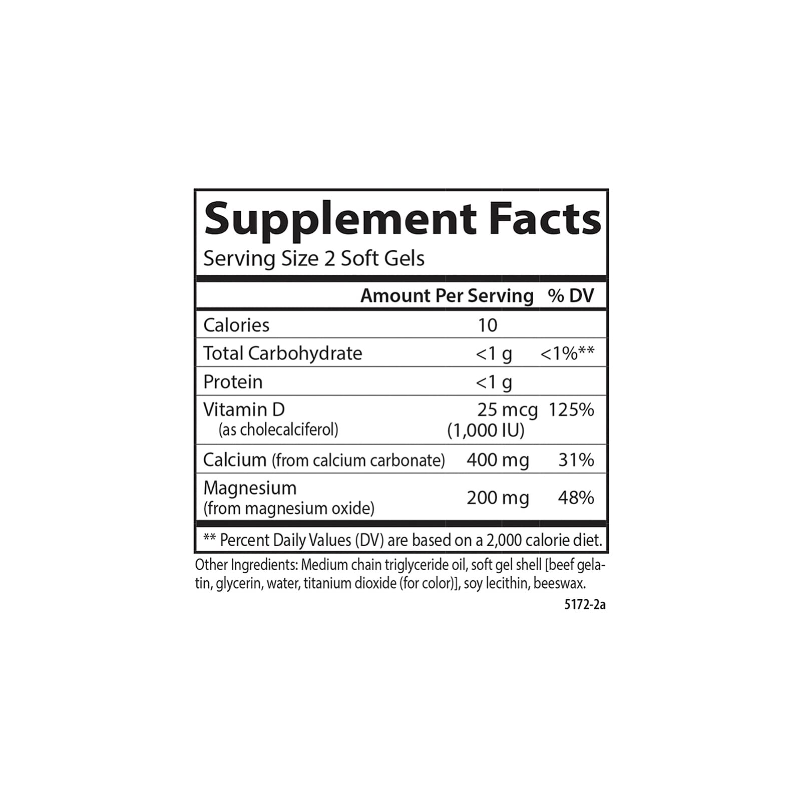 Carlson Calcium and Magnesium Gels bottle back shows ingredients and ratio.