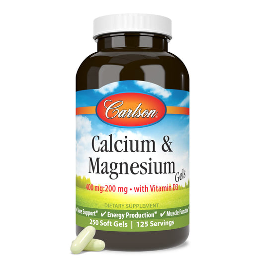 Carlson Calcium and Magnesium Gels bottle front for daily bone support.