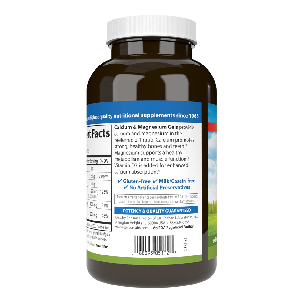 Carlson Calcium and Magnesium Gels packaging on shelf.