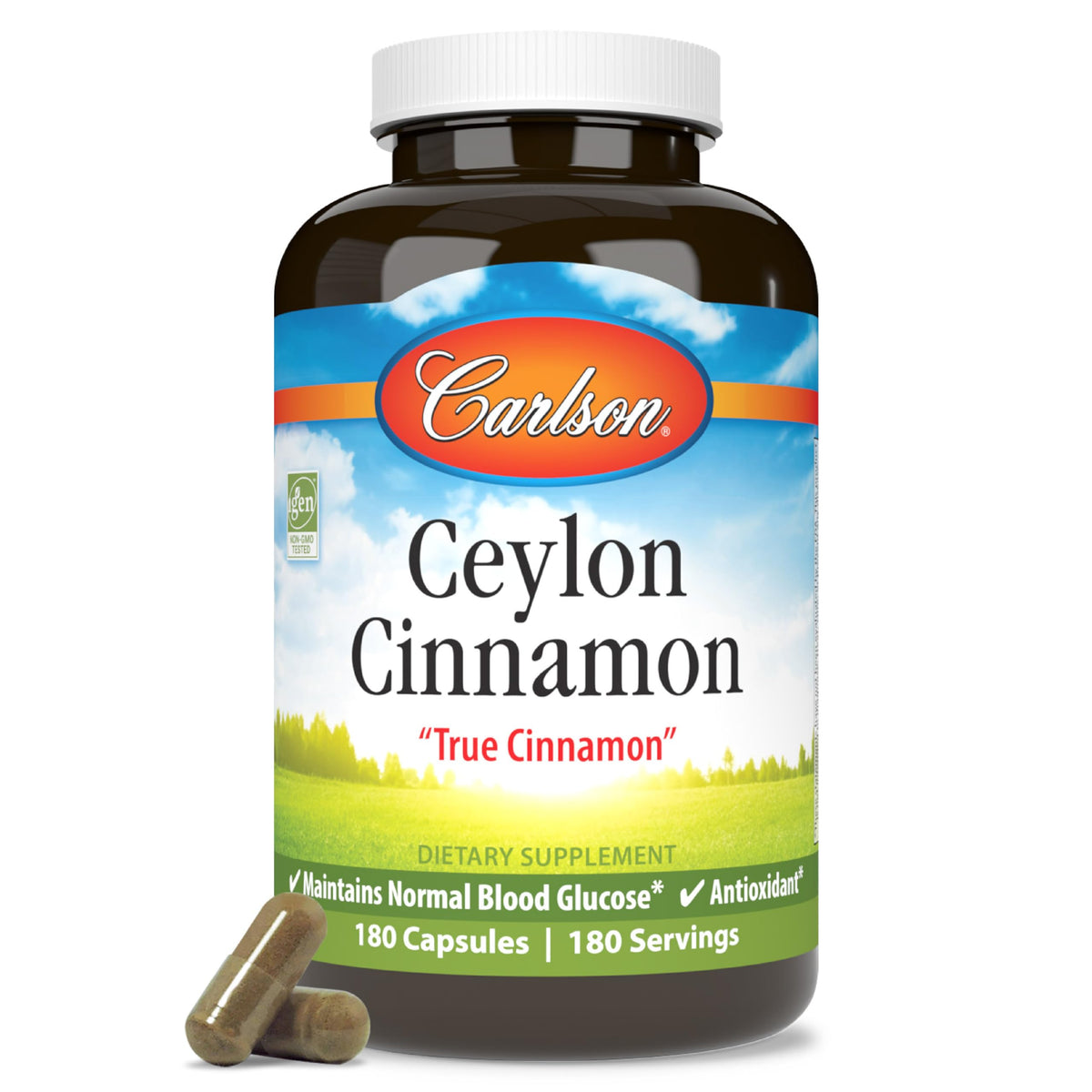Carlson Ceylon Cinnamon bottle front for easy daily supplementation.