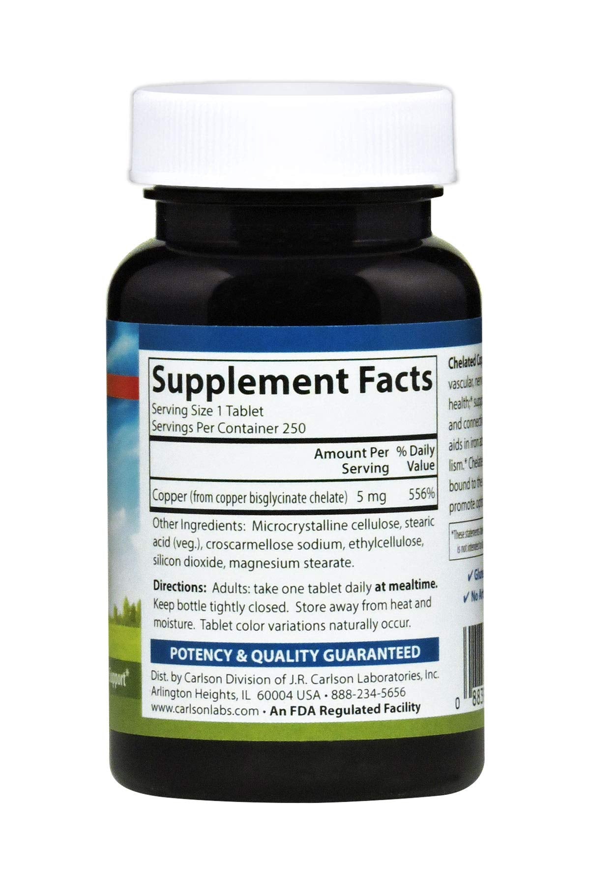 Carlson chelated copper bottle label clear potency and quality information