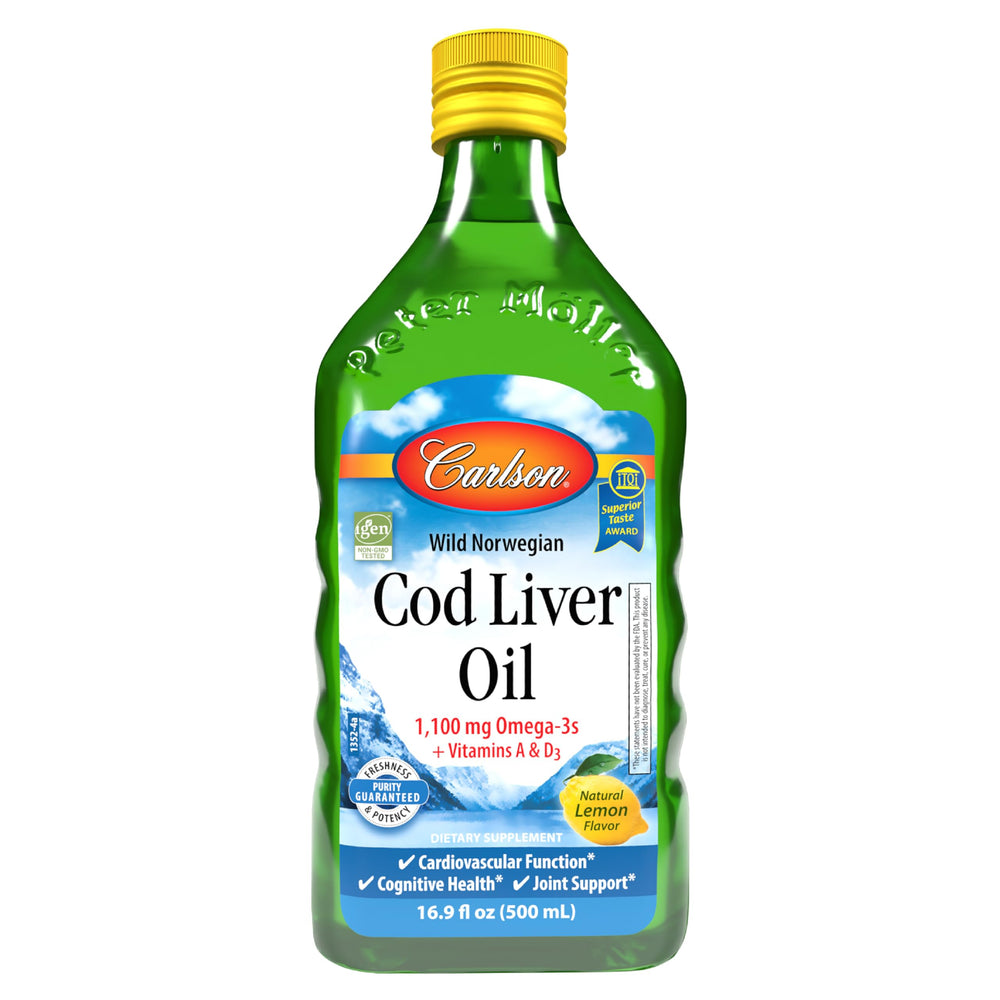 Carlson cod liver oil lemon bottle for daily omega-3 intake