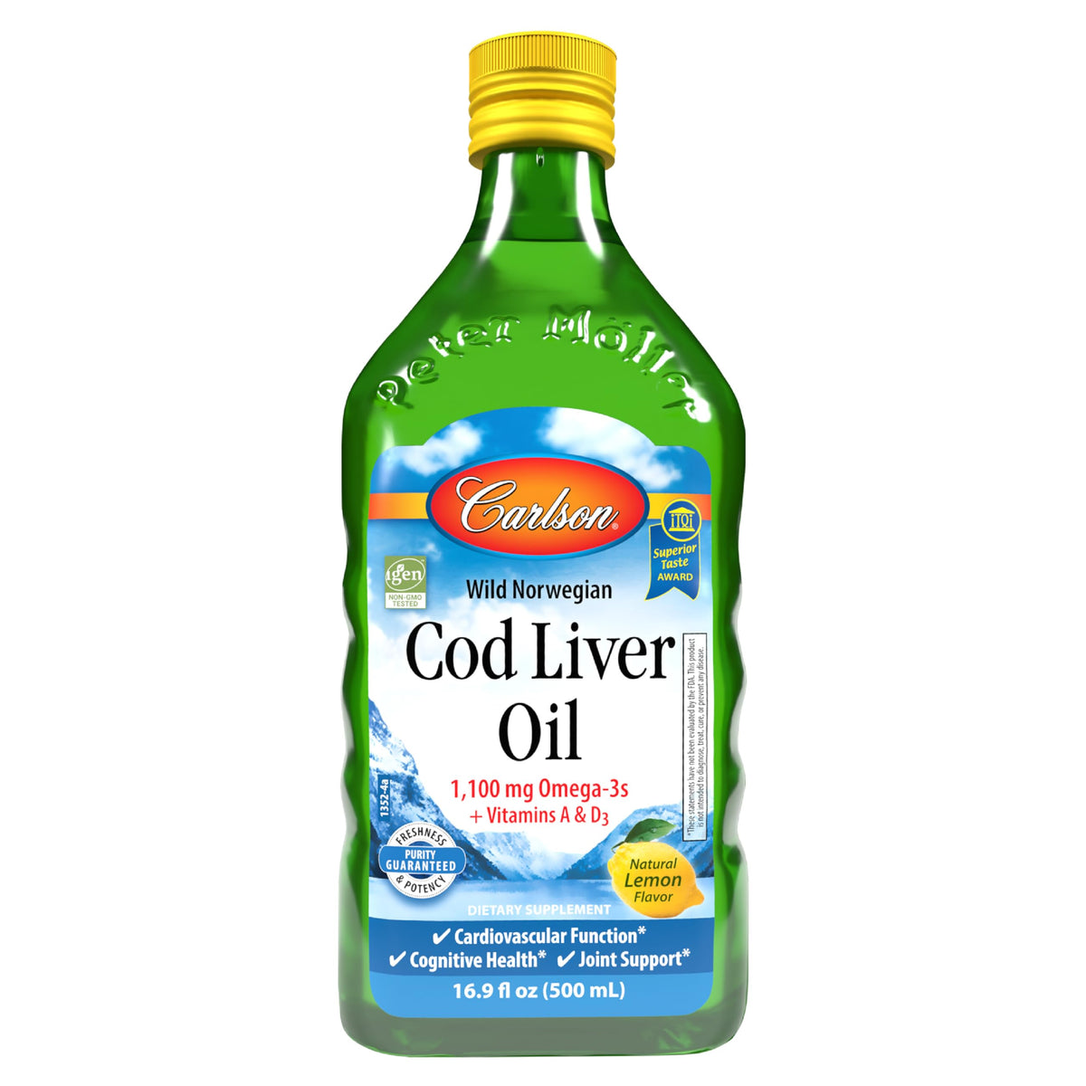 Carlson cod liver oil lemon bottle for daily omega-3 intake