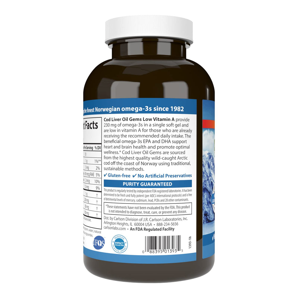 Carlson Cod Liver Oil Gems label detail highlights quality and origin