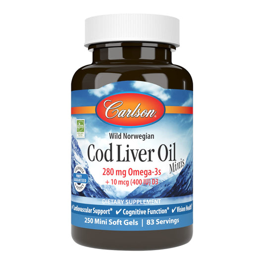 Carlson Cod Liver Oil Minis bottle showing 280 mg omega-3s and vitamins