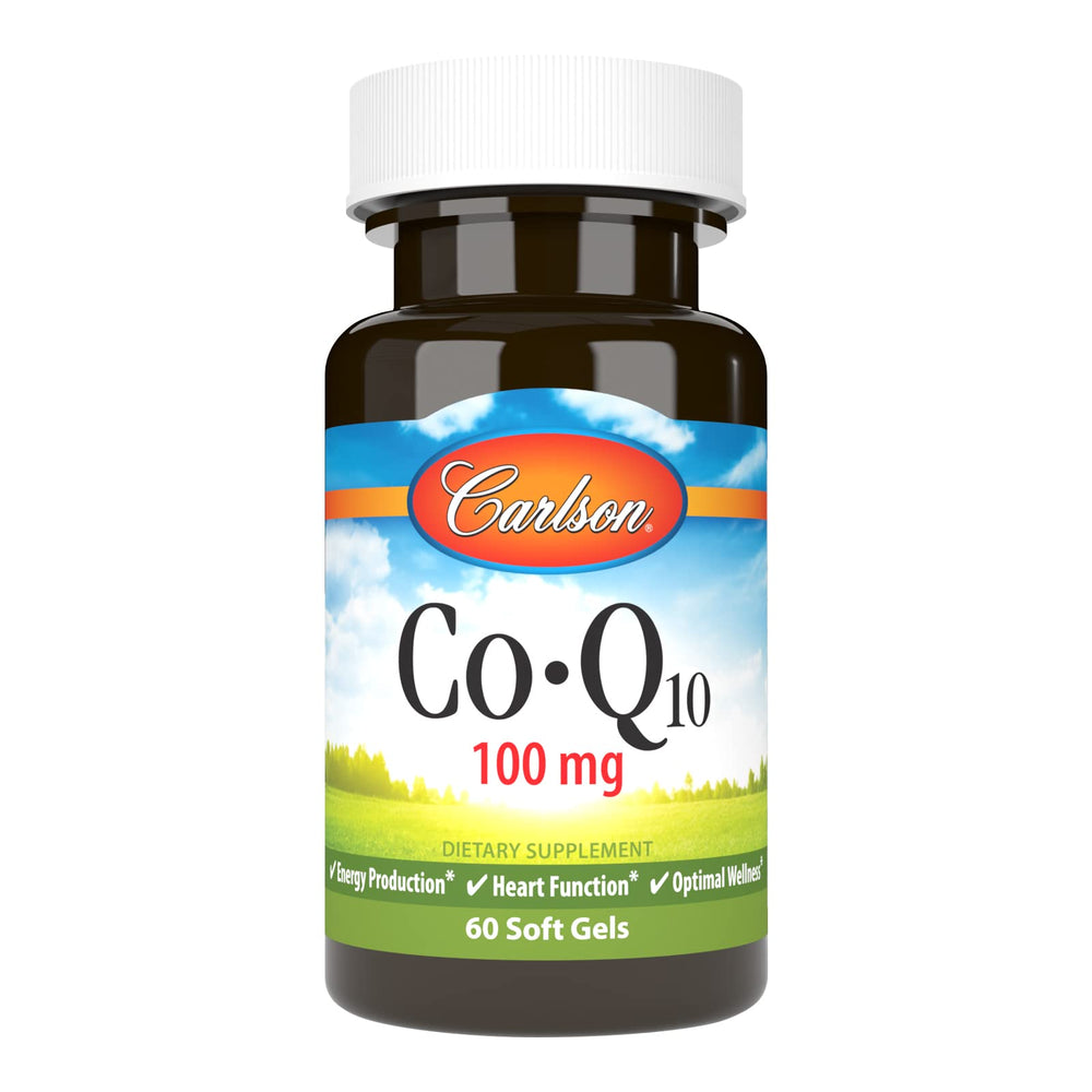 Carlson Co-Q10 softgels bottle shows easy daily energy support.