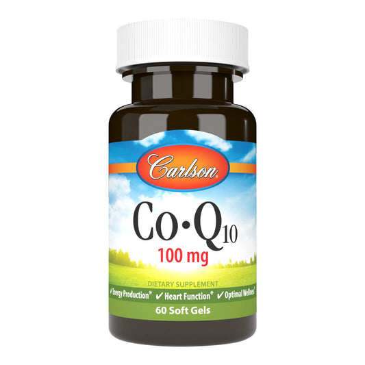 Carlson Co-Q10 softgels bottle shows easy daily energy support.